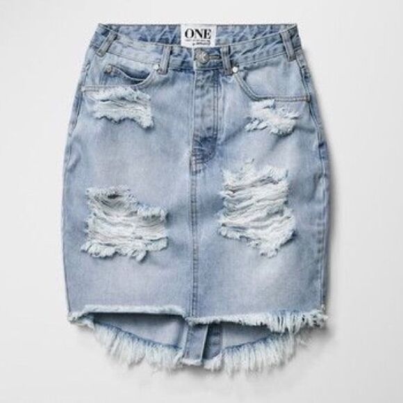 One TEASPOON High Rise Mini Jean Skirt Destroyed Blue 25 - Picture 3 of 10